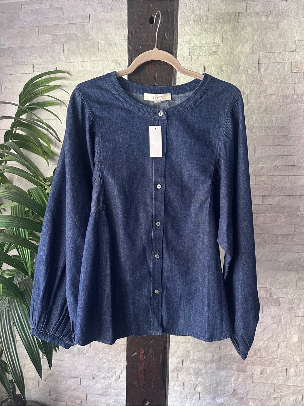 LOFT Dark Indigo Button-Front Balloon Sleeve Denim Blouse Size L New Tags